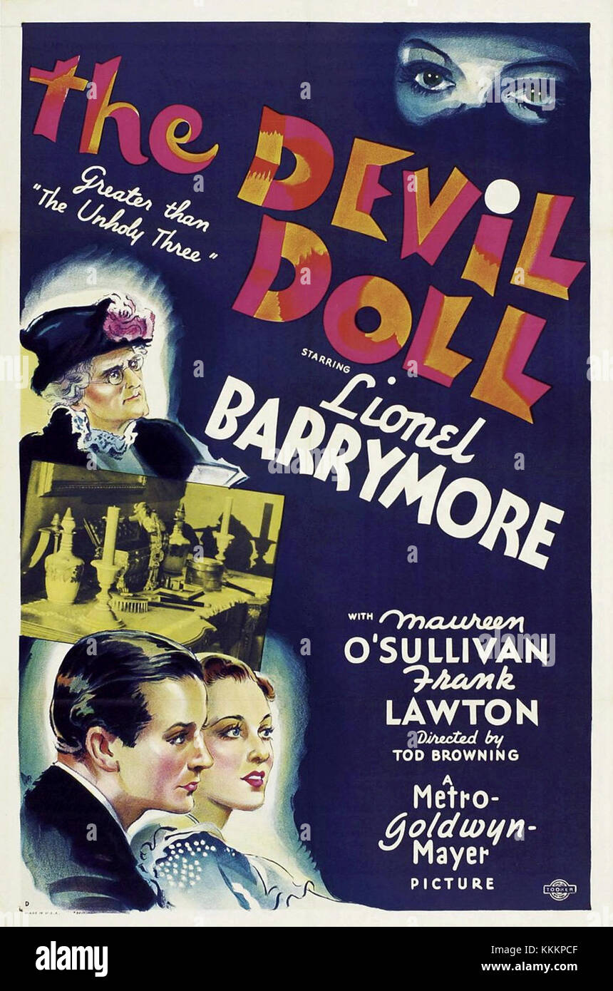 Une affiche vintage pour le film 'Devil Doll', un film d'horreur des années 1960. L'affiche présente des images sombres et sinistres liées au thème surnaturel du film : la poupée d'un ventriloque maléfique. Banque D'Images Une affiche vintage pour le film 'Devil Doll', un film d'horreur des années 1960. L'affiche présente des images sombres et sinistres liées au thème surnaturel du film : la poupée d'un ventriloque maléfique. Banque D'Images
