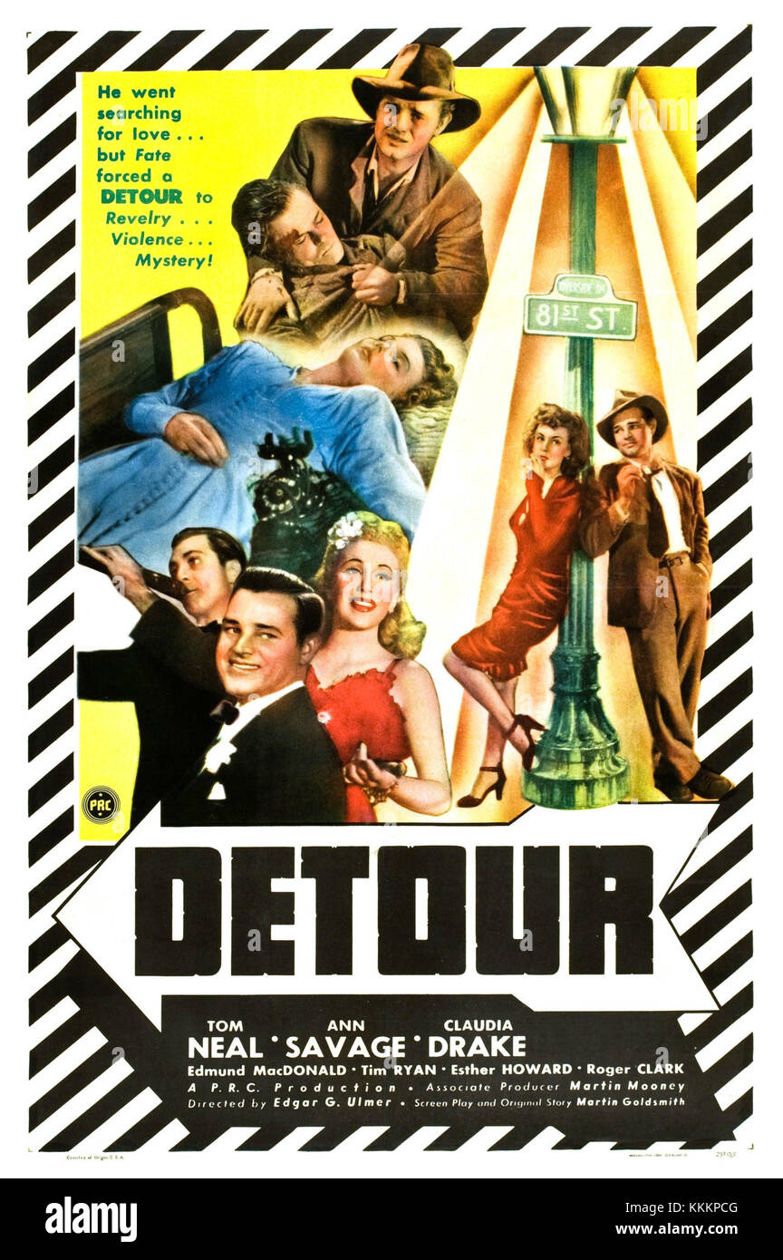 Une affiche vintage pour le film « Detour », un film noir classique, représentant son design cinématographique des années 1940 et son influence culturelle. Banque D'Images