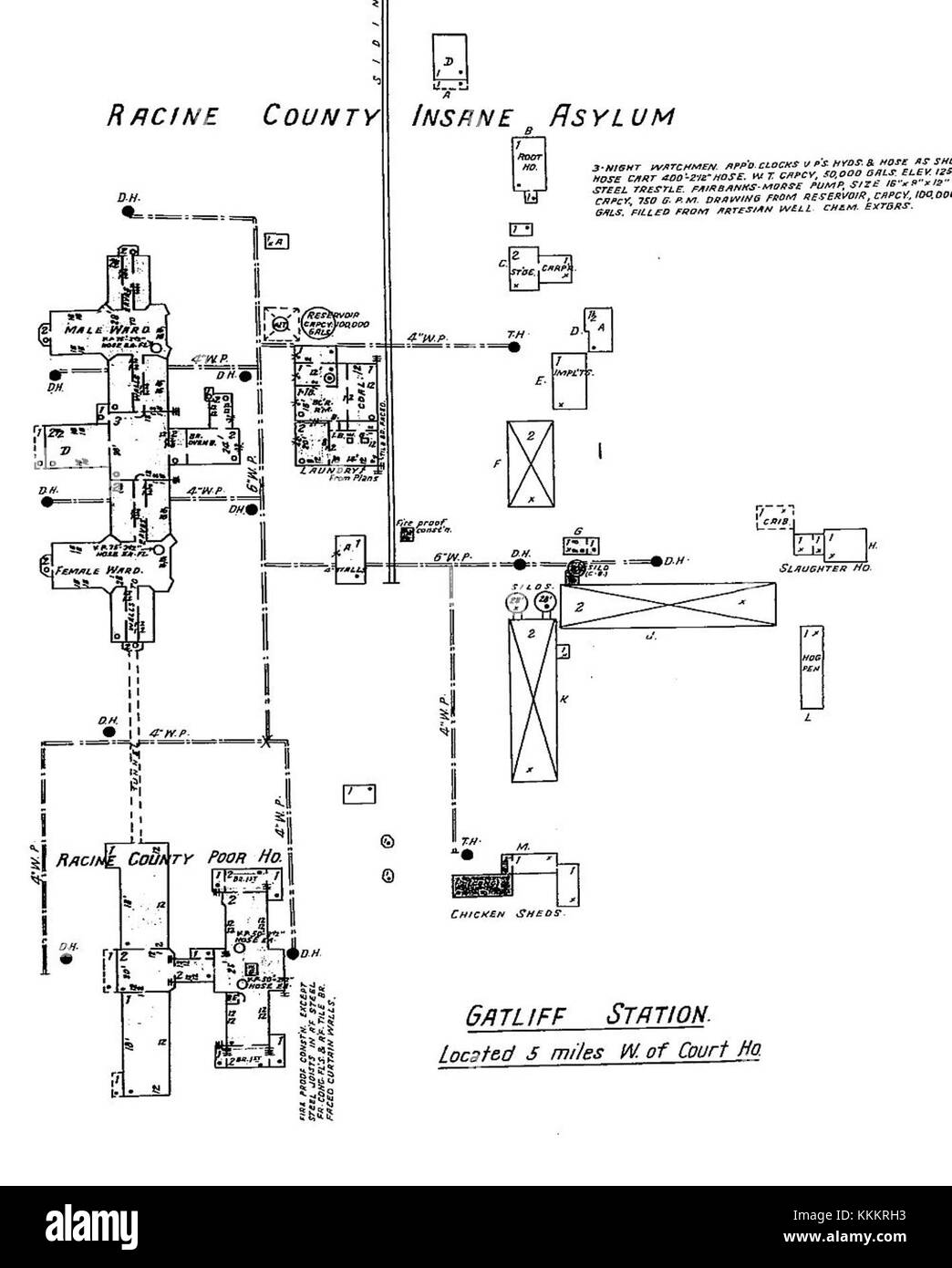 Ce diagramme de l'asile racine, créé en 1933, fournit une représentation visuelle de la configuration de l'asile, mettant en valeur sa conception et ses caractéristiques structurelles pendant cette période. Il sert de document historique sur l'architecture des soins psychiatriques au début du XXe siècle en Amérique. Banque D'Images