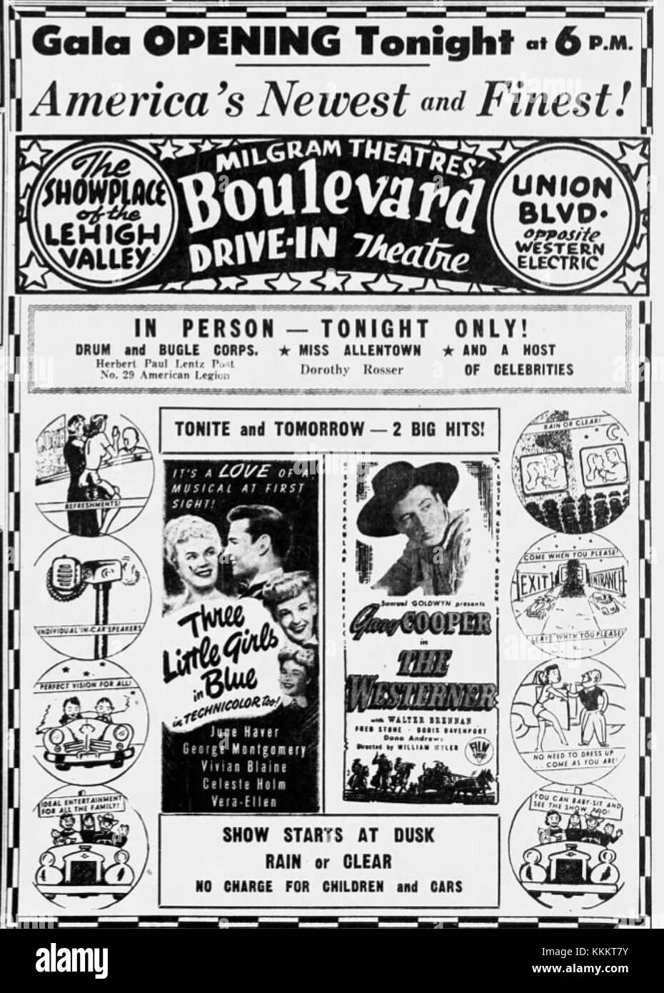 Cette publicité du 19 octobre 1949 annonce l'ouverture officielle du Boulevard Drive-In Theater à Allentown, Pennsylvanie. Il marque le début d'un nouveau lieu de divertissement dans la région, popularisant le cinéma en plein air. Banque D'Images