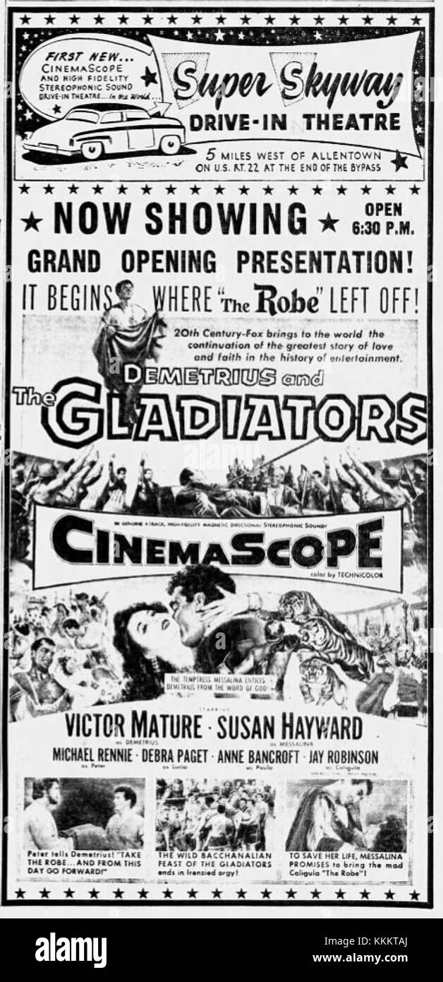 Une publicité de 1954 pour le Super Skyway Drive-In à Allentown, en Pennsylvanie, reflète la culture et le divertissement américains du milieu du XXe siècle. Banque D'Images