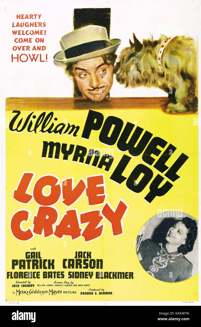 L'affiche « Love Crazy » fait la promotion du film de comédie romantique de 1941 mettant en vedette Melvyn Douglas et Paulette Goddard. Il capture l'essence de la nature ludique et légère du film. Banque D'Images
