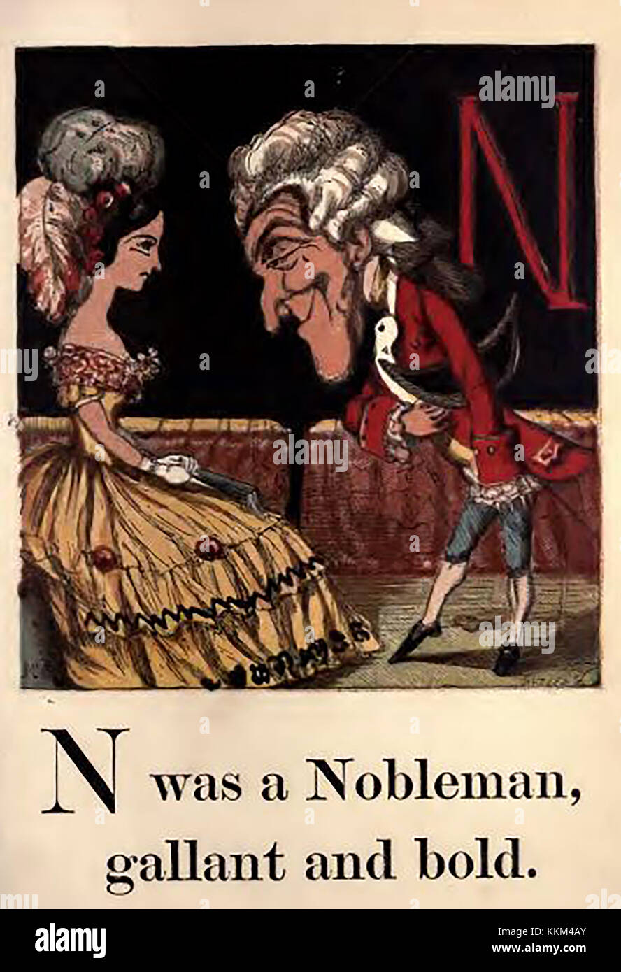 Une couleur historique Victorian children's ABC book illustration -Victorian A B C livre - N pour demander à un noble femme à danser à un bal Banque D'Images