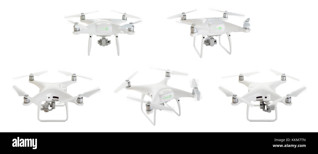 Système d'avions sans pilote (UAV) set de 1 drones quadcopter 2 isolé sur blanc. Banque D'Images