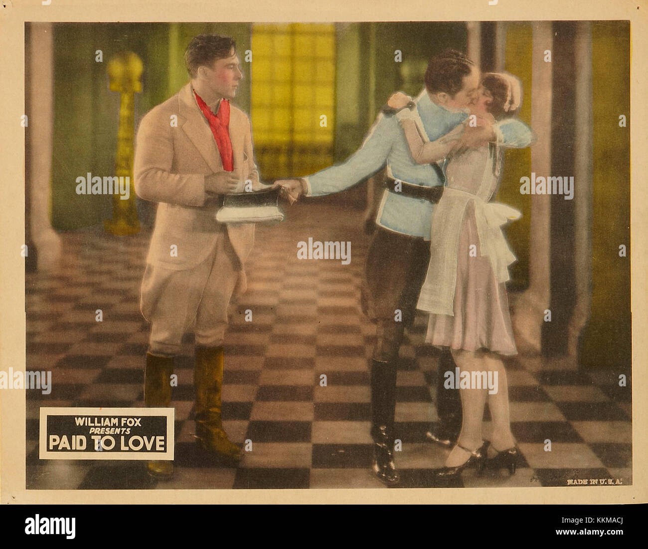 Cette carte du hall du film *Paid to Love* présente des scènes et des personnages clés du film. Il capture le style cinématographique et les illustrations promotionnelles utilisées pour attirer le public lors de sa sortie. Banque D'Images