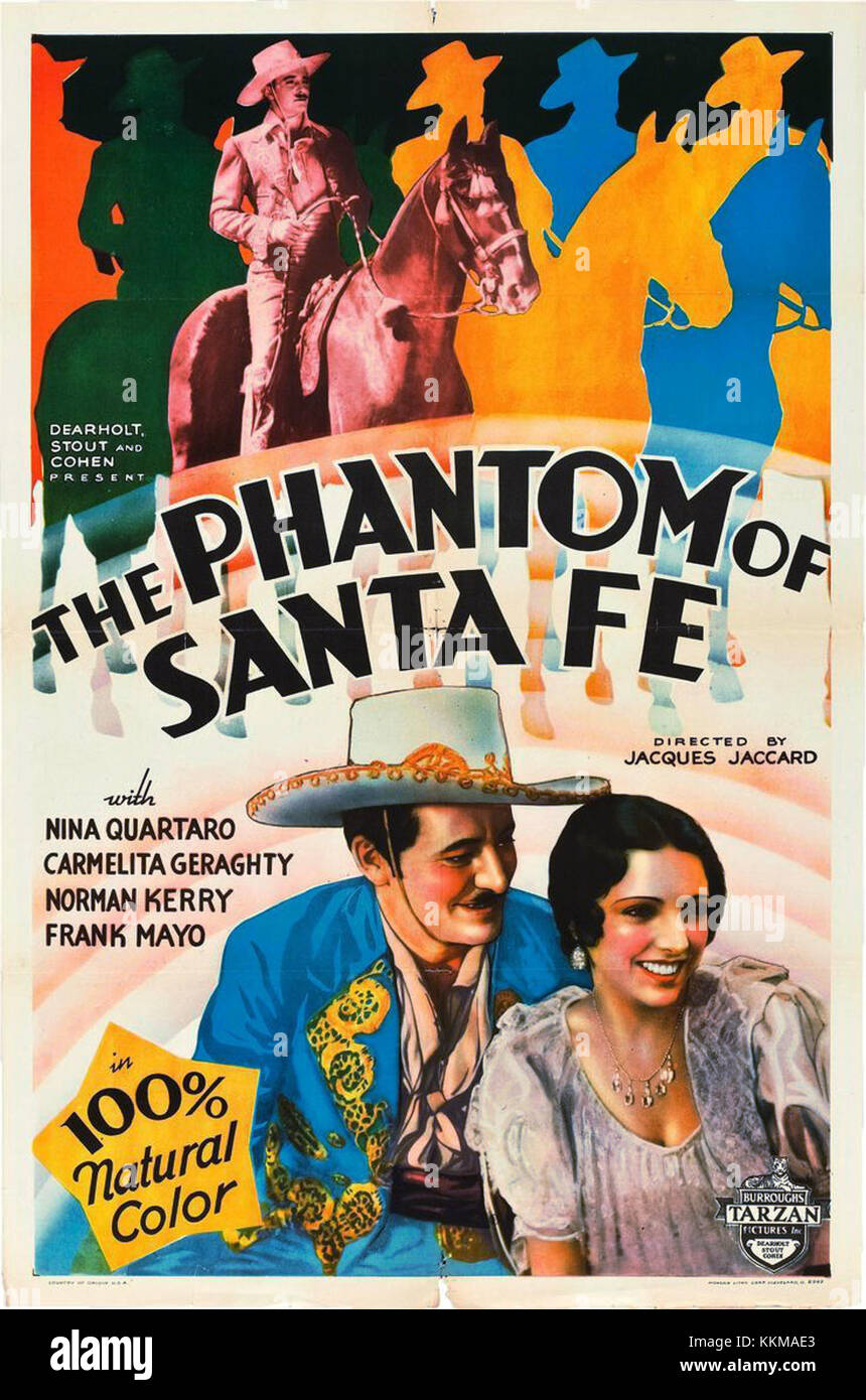 L'affiche de Phantom of Santa Fe présente le ton dramatique et mystérieux du film. Ce film de 1940, qui se déroule dans l'Ouest américain, met en scène un personnage masqué et des éléments de suspense dans un décor occidental. Banque D'Images