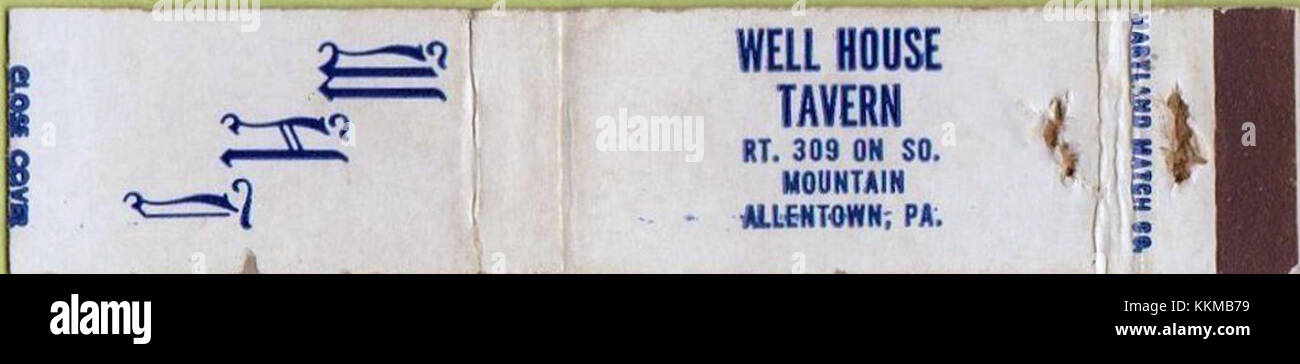 Cette couverture d'allumettes de la Well House Tavern, située au 649 S Pike Avenue, Allentown, Pennsylvanie, représente un morceau de l'histoire de la gastronomie et de la vie nocturne américaines du milieu du XXe siècle. Banque D'Images