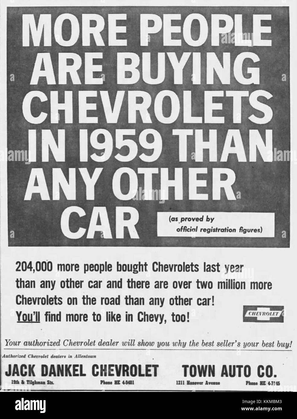 Le modèle Chevrolet 1959, présenté à Allentown, en Pennsylvanie, est un exemple classique du design automobile américain de la fin des années 1950 L'événement, qui s'est tenu le 7 mai 1959, a mis en évidence la popularité des voitures à cette époque. Banque D'Images