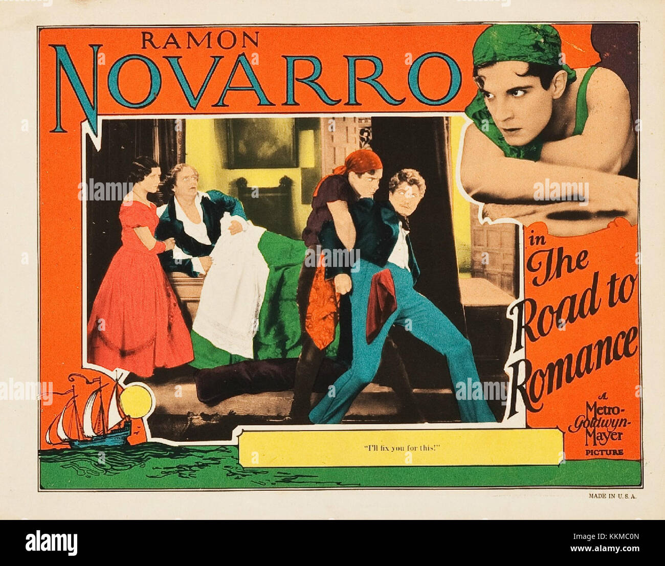 La carte de réception du film de 1930 « Road to Romance » présente des œuvres promotionnelles présentant les éléments clés du film. La carte met l'accent sur le genre de comédie romantique de filmâ€™ et son casting clé. Banque D'Images