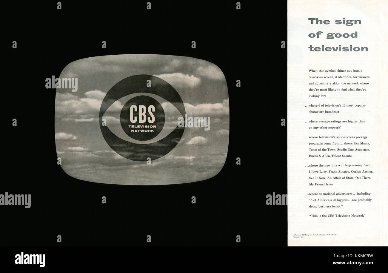 La publicité CBS Eye de décembre 1951 est une image promotionnelle liée au logo emblématique de CBS Eye. Il représente les débuts du marketing télévisé et la croissance de CBS en tant que réseau de radiodiffusion majeur. Banque D'Images