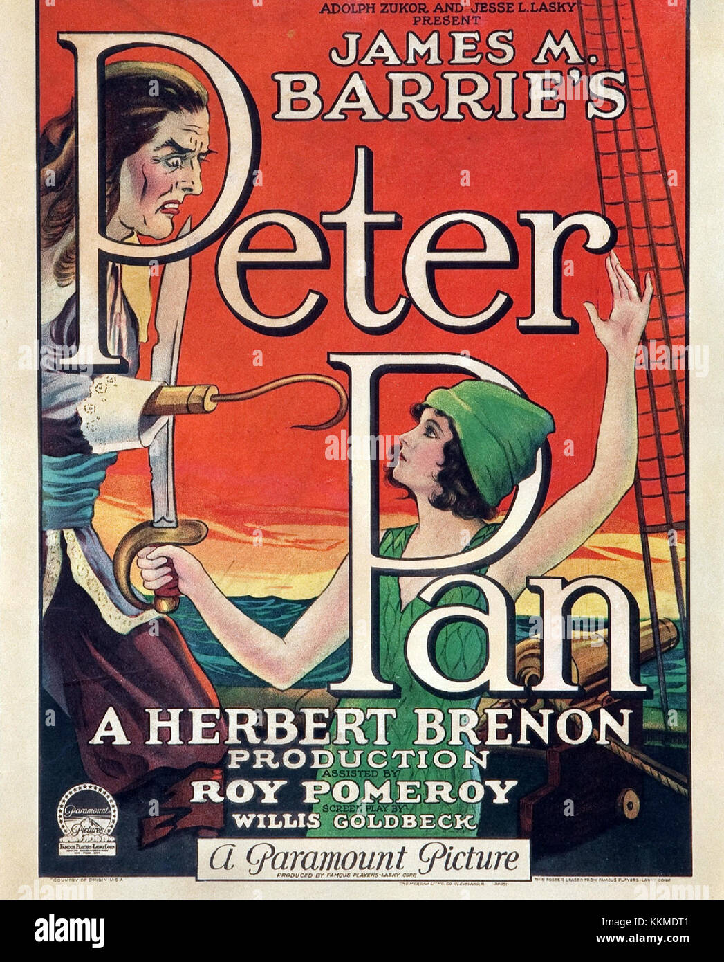 L'affiche de 1924 pour la production de 'Peter Pan' présente un design emblématique représentant la célèbre pièce de J.M. Barrie sur les aventures du garçon qui n'a jamais grandi. L'affiche capture les thèmes fantaisistes et fantastiques de l'histoire. Banque D'Images