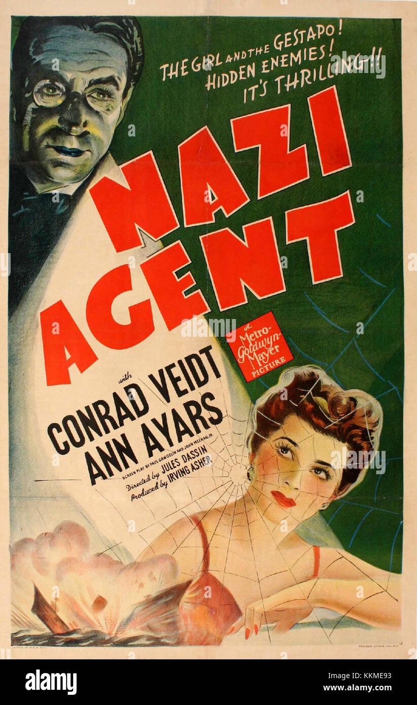 Cette affiche présente le film de 1942 "Nazi agent", un thriller de la seconde Guerre mondiale sur un agent allemand qui tente de saboter les efforts américains. Le film met en lumière l'espionnage en temps de guerre et reflète l'atmosphère tendue de l'époque. Banque D'Images