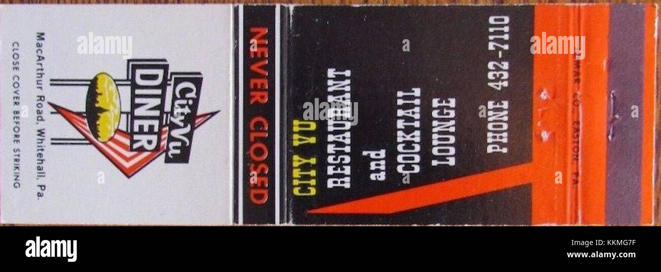 Cette couverture d'allumettes annonce le City vu Diner à Allentown, Pennsylvanie, à partir de 1969. Le restaurant était connu pour sa cuisine américaine classique et son attrait nostalgique dans les années 1960 et 1970 Banque D'Images