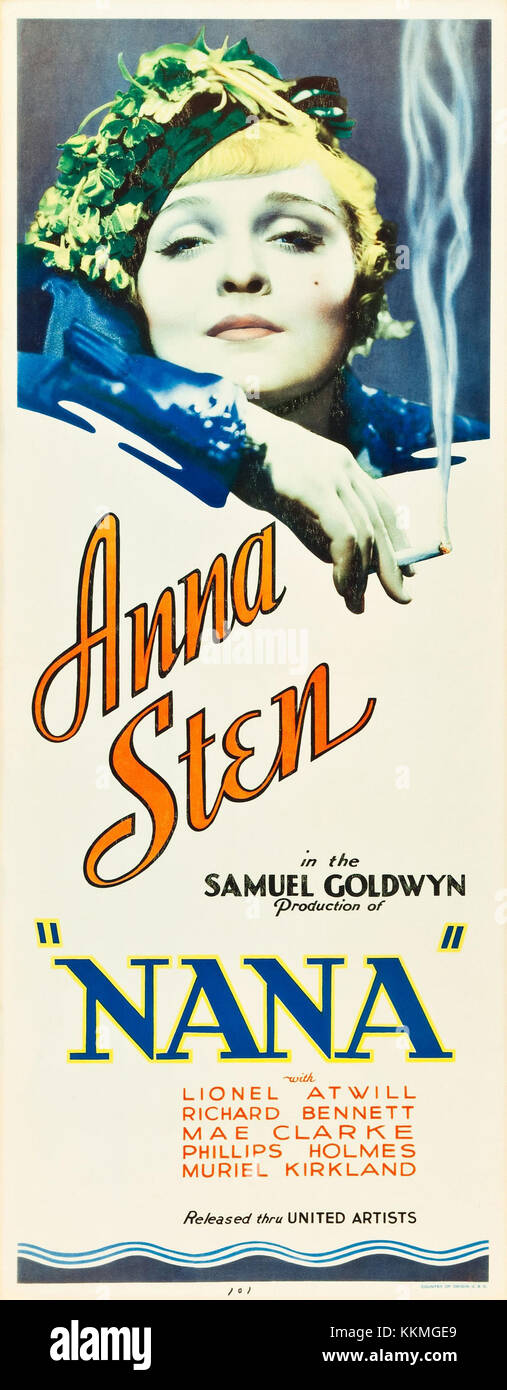 L'affiche du film de 1934 pour 'Nana', basée sur le roman de Ã^ Mile Zola, dépeint l'histoire dramatique du personnage de Nana, une courtisane française. Le film explore les thèmes de l'amour, de la trahison et des attentes sociétales. Banque D'Images