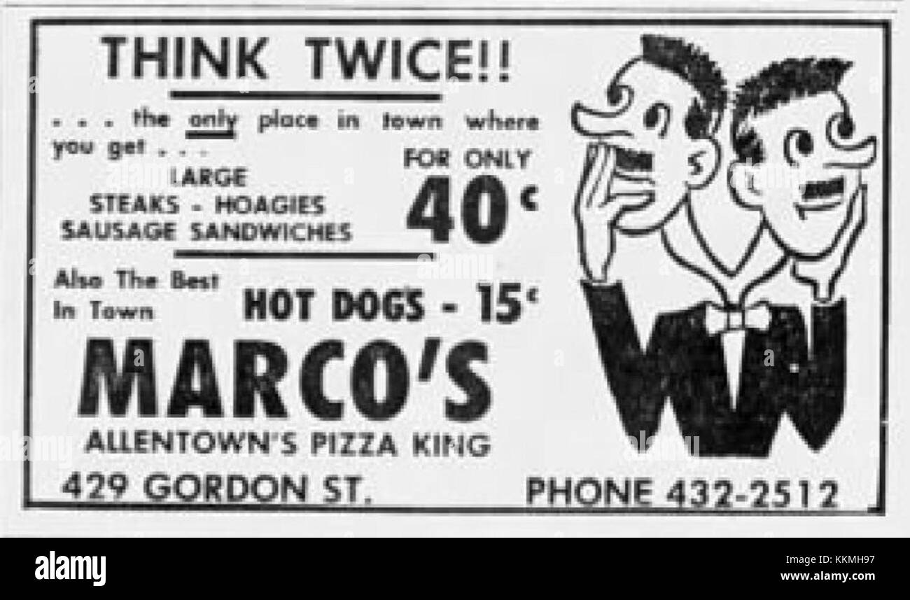 Le restaurant Marcos, situé à Allentown, Pennsylvanie, a organisé un événement le 19 janvier 1963. L'établissement était connu pour sa présence locale et sa contribution à la scène gastronomique de la communauté. Banque D'Images