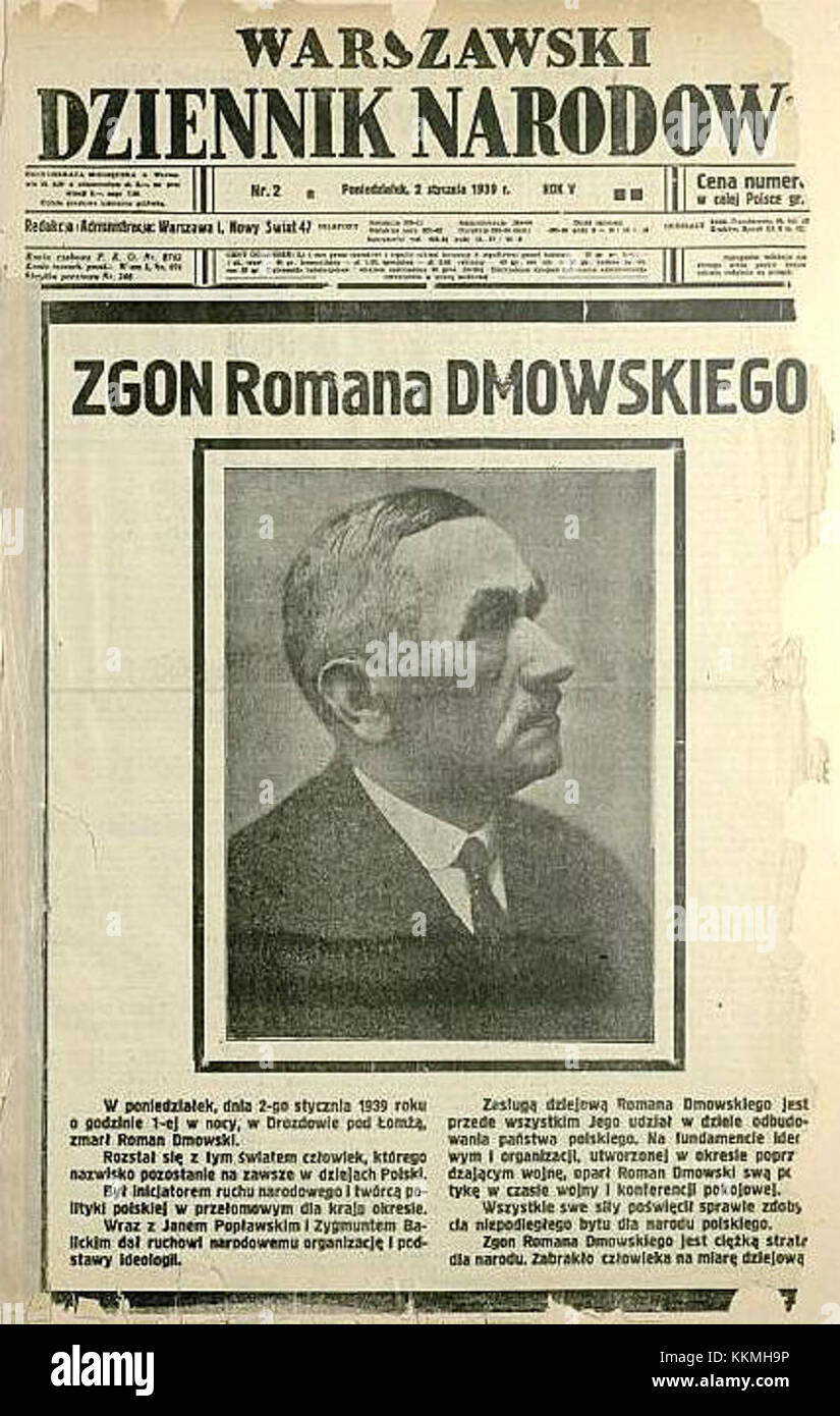 Le Warszawski Dziennik Narodowy, daté de 1939-2002, présente une pièce de Roman Dmowski, une figure clé de la politique polonaise, et une représentation significative du nationalisme polonais à cette époque. Banque D'Images