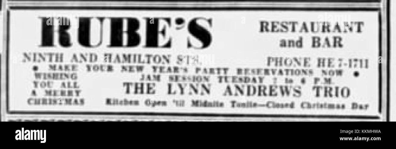 Une photographie du 24 décembre 1957, montrant Rubes Restaurant à Allentown, Pennsylvanie. Ce restaurant historique est connu pour ses contributions à la culture locale et son rôle dans la communauté au fil des ans. Banque D'Images