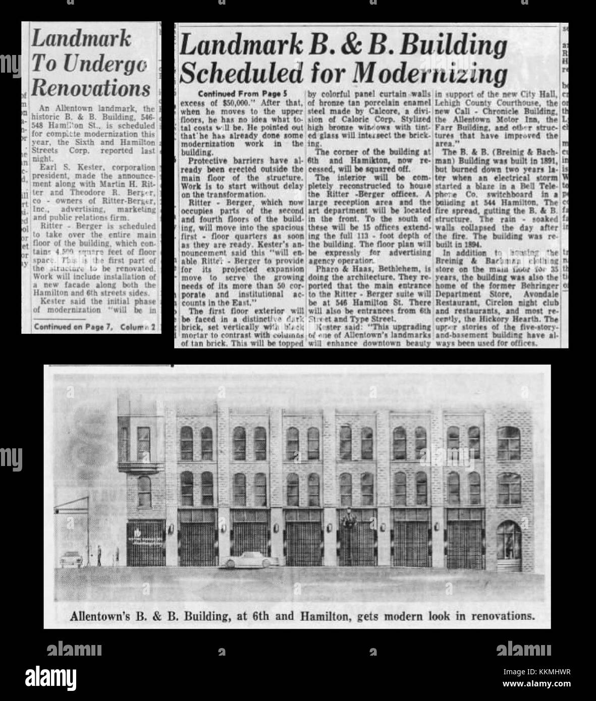 La rénovation de 1966 du B & B Building à Allentown, Pennsylvanie, a été une mise à jour architecturale importante d'une structure historique. Le projet visait à préserver le patrimoine du bâtiment tout en intégrant des éléments modernes, en revitalisant son apparence et sa fonctionnalité. Banque D'Images