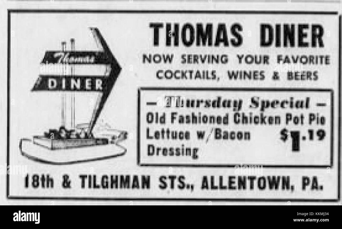 Cette couverture d'allumettes de 1972 de Thomas Diner à Allentown, Pennsylvanie, sert de souvenir historique, reflétant la culture des dîners du début des années 1970 aux États-Unis. Banque D'Images