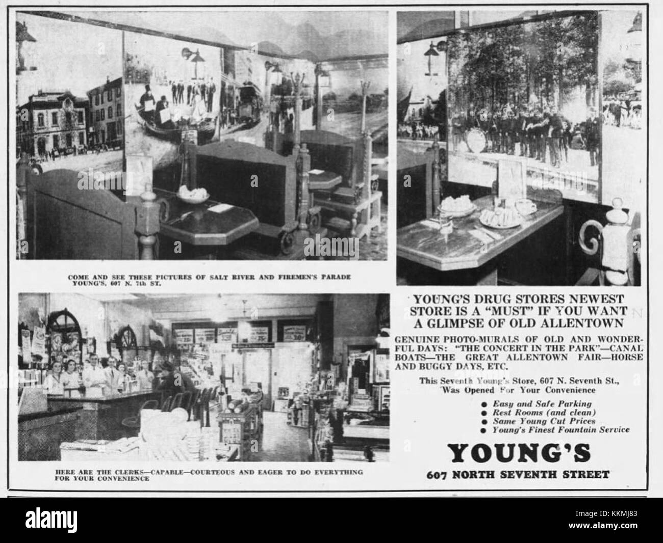 Photographie historique du Young's Drug Store à Allentown, Pennsylvanie, datée du 31 janvier 1940. L'image montre une pharmacie typique du milieu du XXe siècle avec des enseignes et l'architecture environnante de l'époque. Banque D'Images
