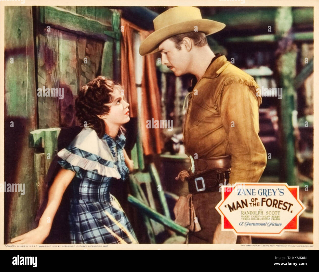 Affiche pour « Man of the Forest », une adaptation cinématographique de 1933 du roman de Zane Grey, mettant en vedette Randolph Scott dans le rôle d'un amateur de plein air. Banque D'Images
