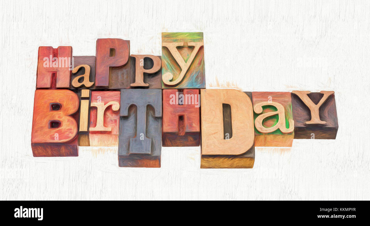 Joyeux Anniversaire Carte De Souhaits Mots Melanges Dans La Typographie Vintage Type De Bois Avec Un Effet De Peinture Numerique Photo Stock Alamy