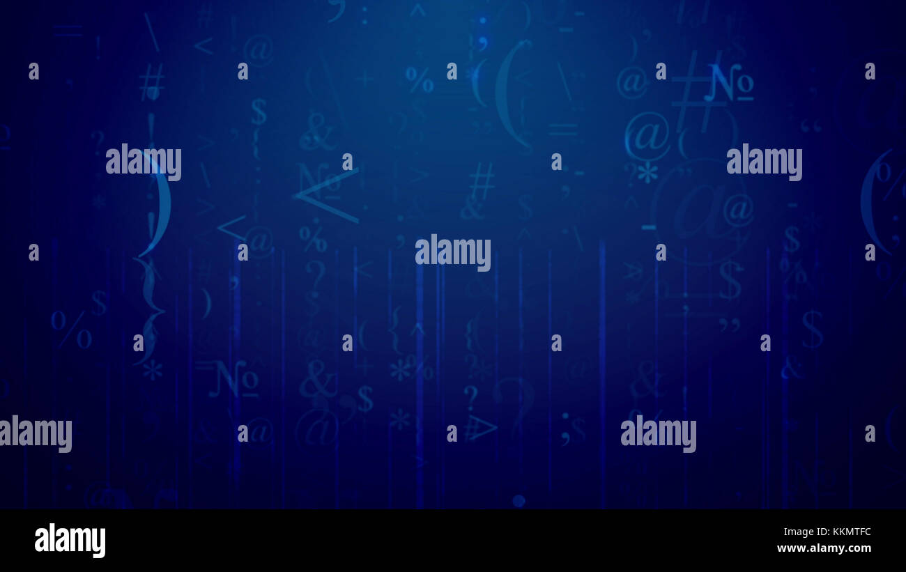 Une avant-garde de rendu 3d symboles ordinateur tourbillonnant situé dans le cyberespace bleu avec un réseau. Les plus fréquents sont des virgules, au-signes, nombre Banque D'Images