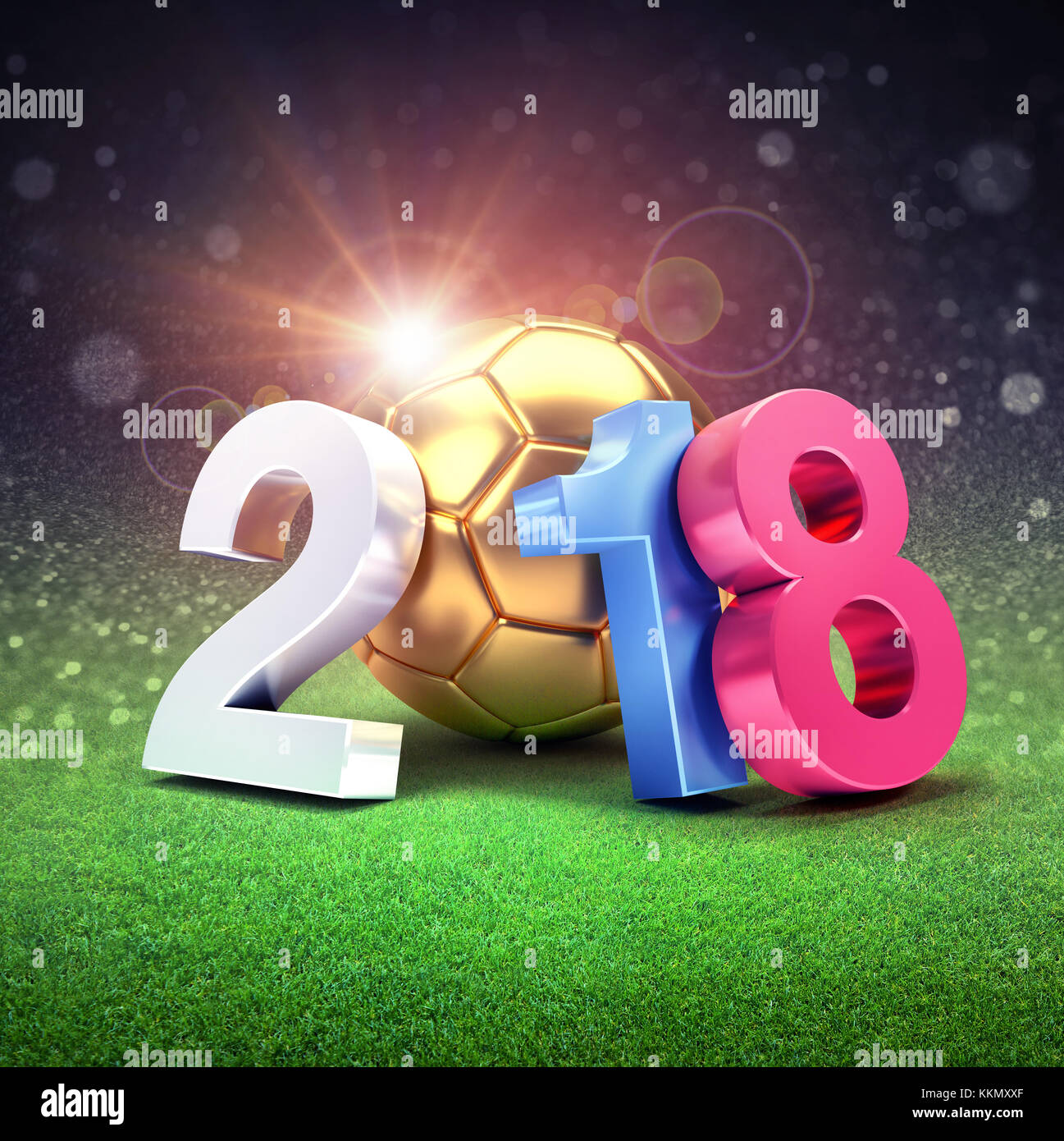 Date de l'année 2018, il est composé d'un ballon de football en or qui brille sur une pelouse du stade. 2018 événement international de soccer. 3D illustration Banque D'Images