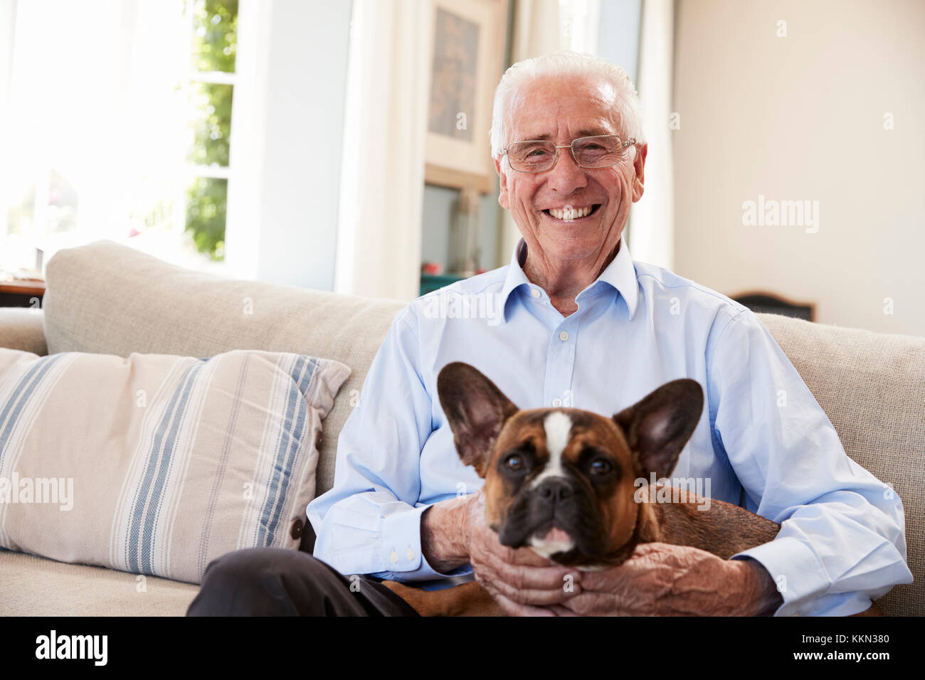 Senior Man Sitting on Sofa At Home With Pet Bouledogue Français Banque D'Images