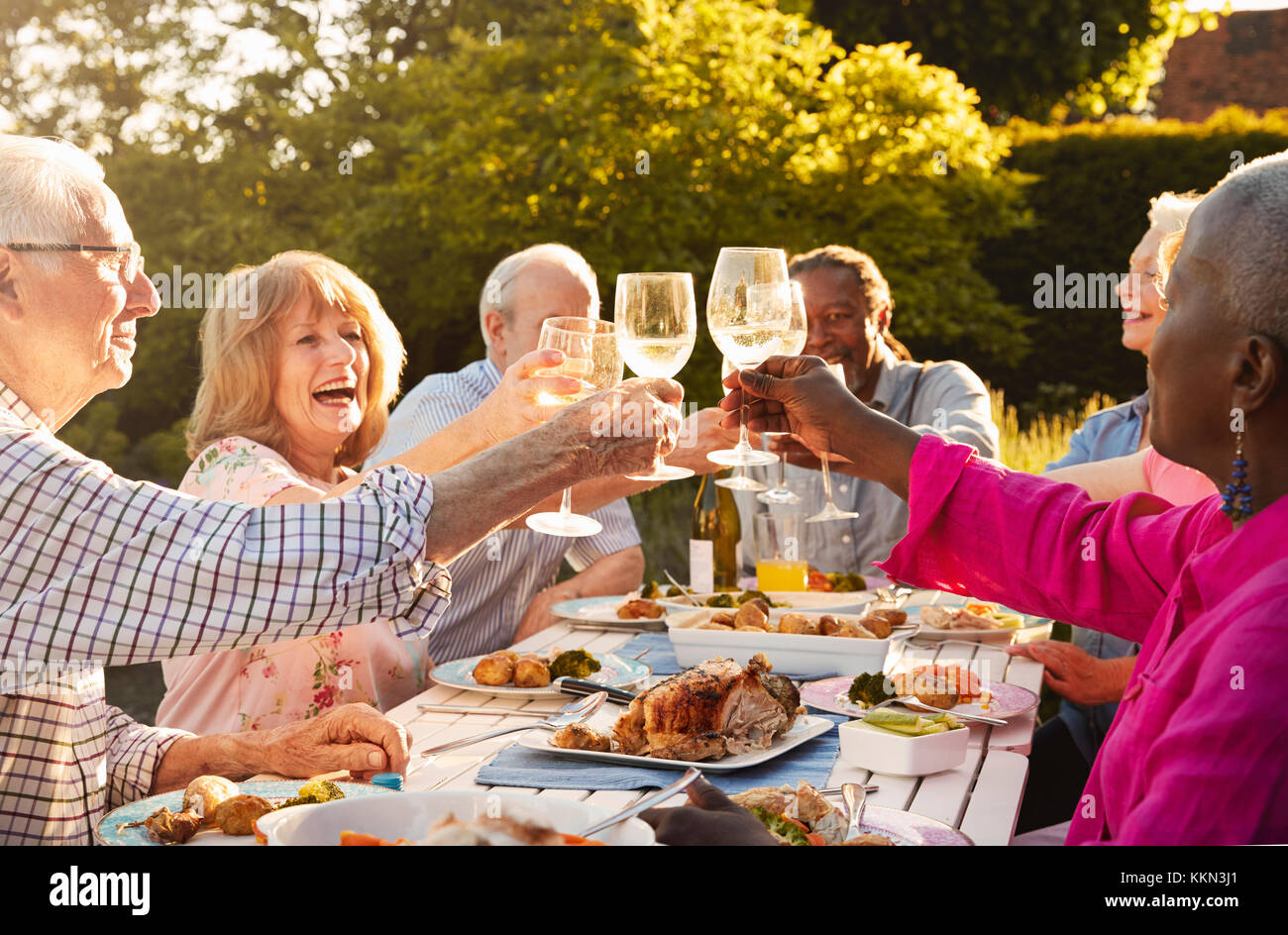 Groupe d'amis faire un toast au dîner en plein air Banque D'Images