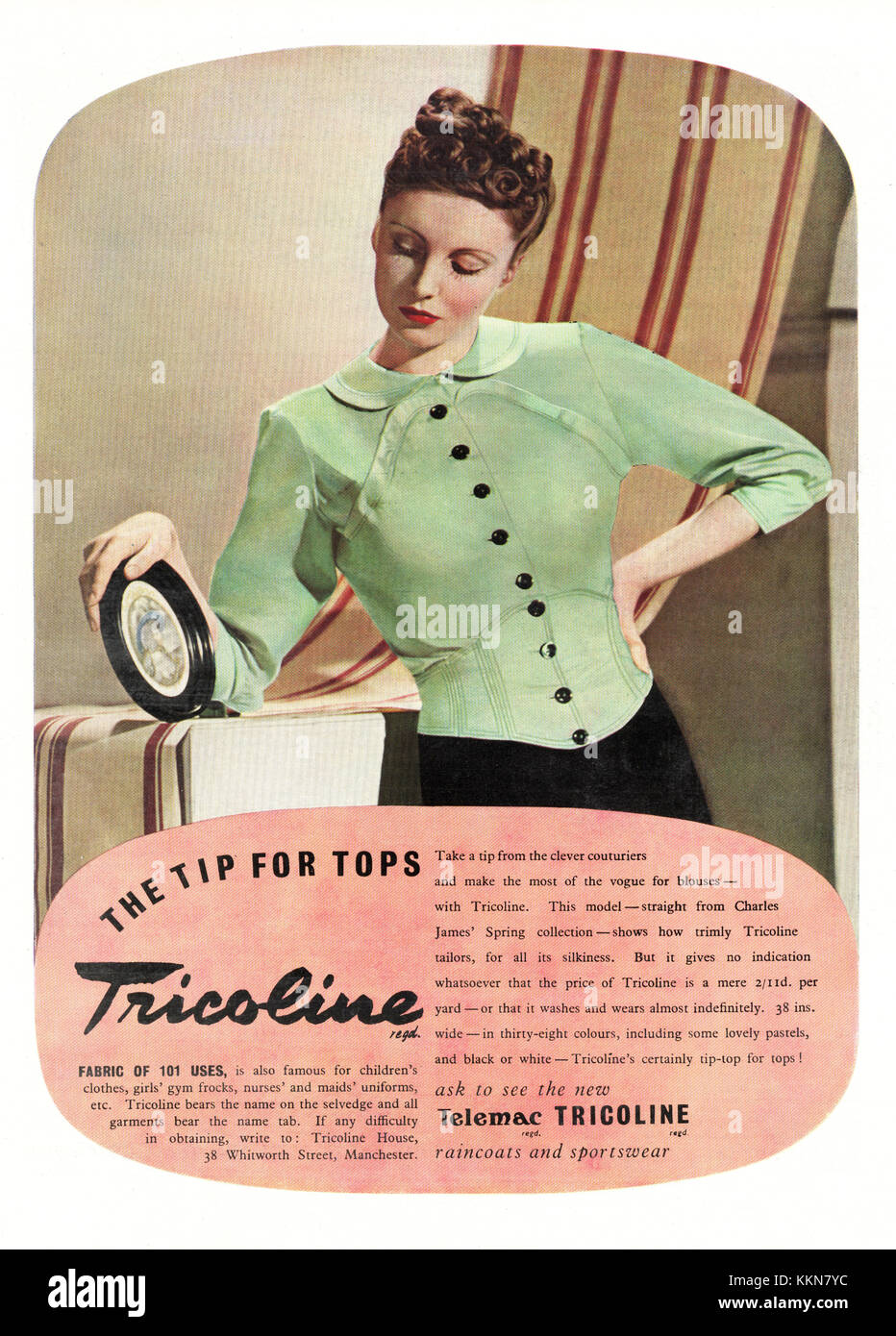 1938 Magazine UK Vêtements annonce Tricoline Banque D'Images