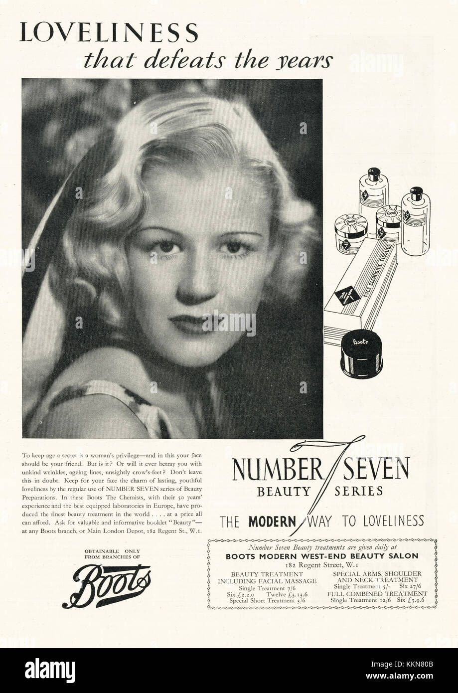 1938 Magazine britannique Boots cosmétiques n° 7 Annonce Banque D'Images