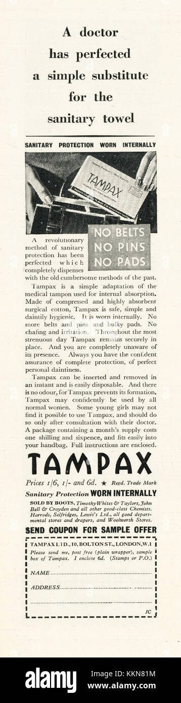 1938 Le magazine britannique annonce Tampax Banque D'Images