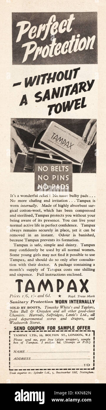 1938 Le magazine britannique annonce Tampax Banque D'Images