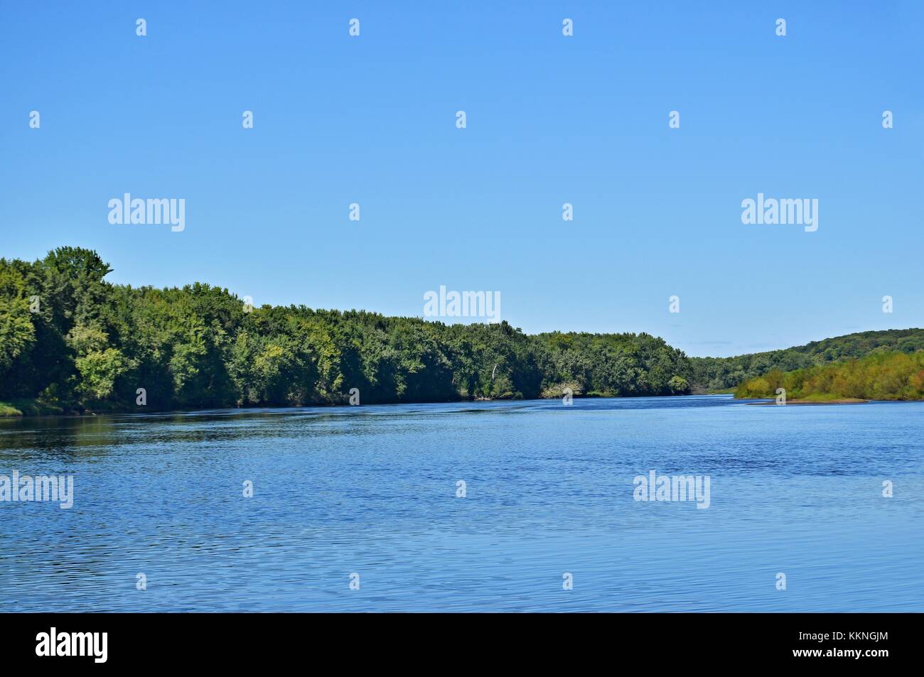 Rivière avec ciel bleu et boisé river bank Banque D'Images