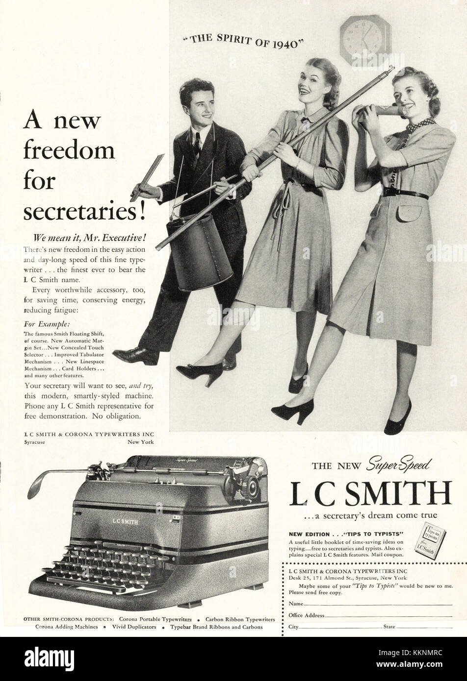 1940 Magazine AMÉRICAIN L C Smith Typewriter Advert Banque D'Images