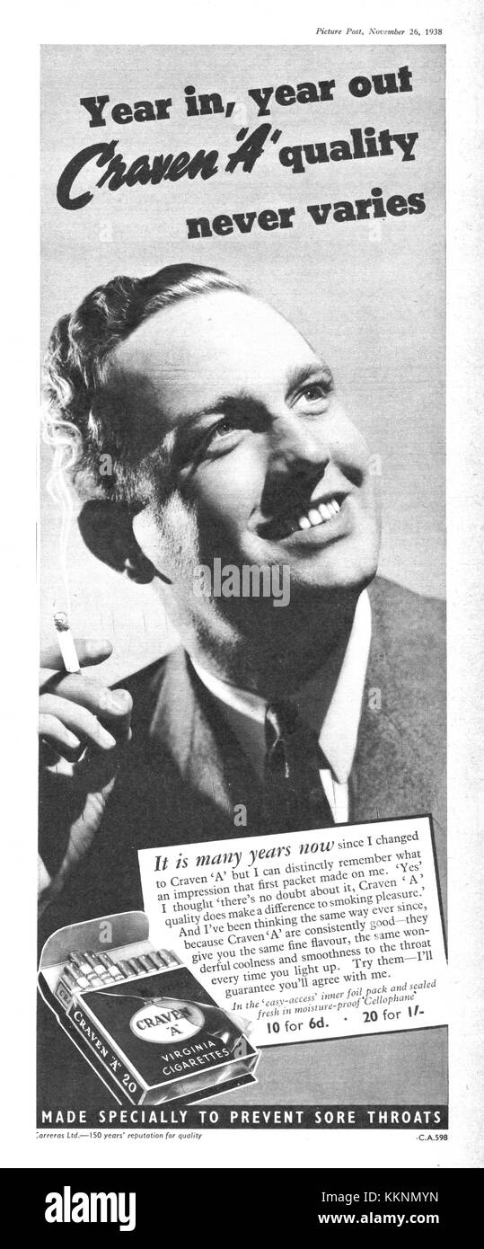 1938 Le magazine britannique annonce une cigarette Craven Banque D'Images