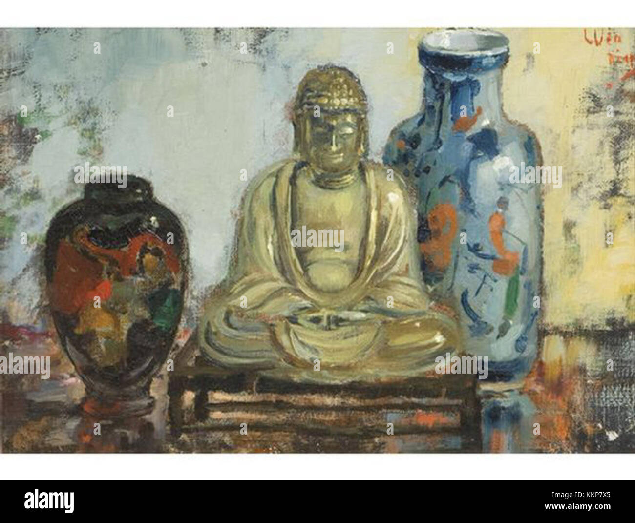 Pieter Wenning était un artiste néerlandais, surtout connu pour ses œuvres représentant des images et des thèmes bouddhistes. Bouddha avec deux vases est probablement l'une de ses représentations artistiques, mettant en vedette la figure sereine du Bouddha entouré de deux vases, symbolisant l'équilibre et la tranquillité. Banque D'Images