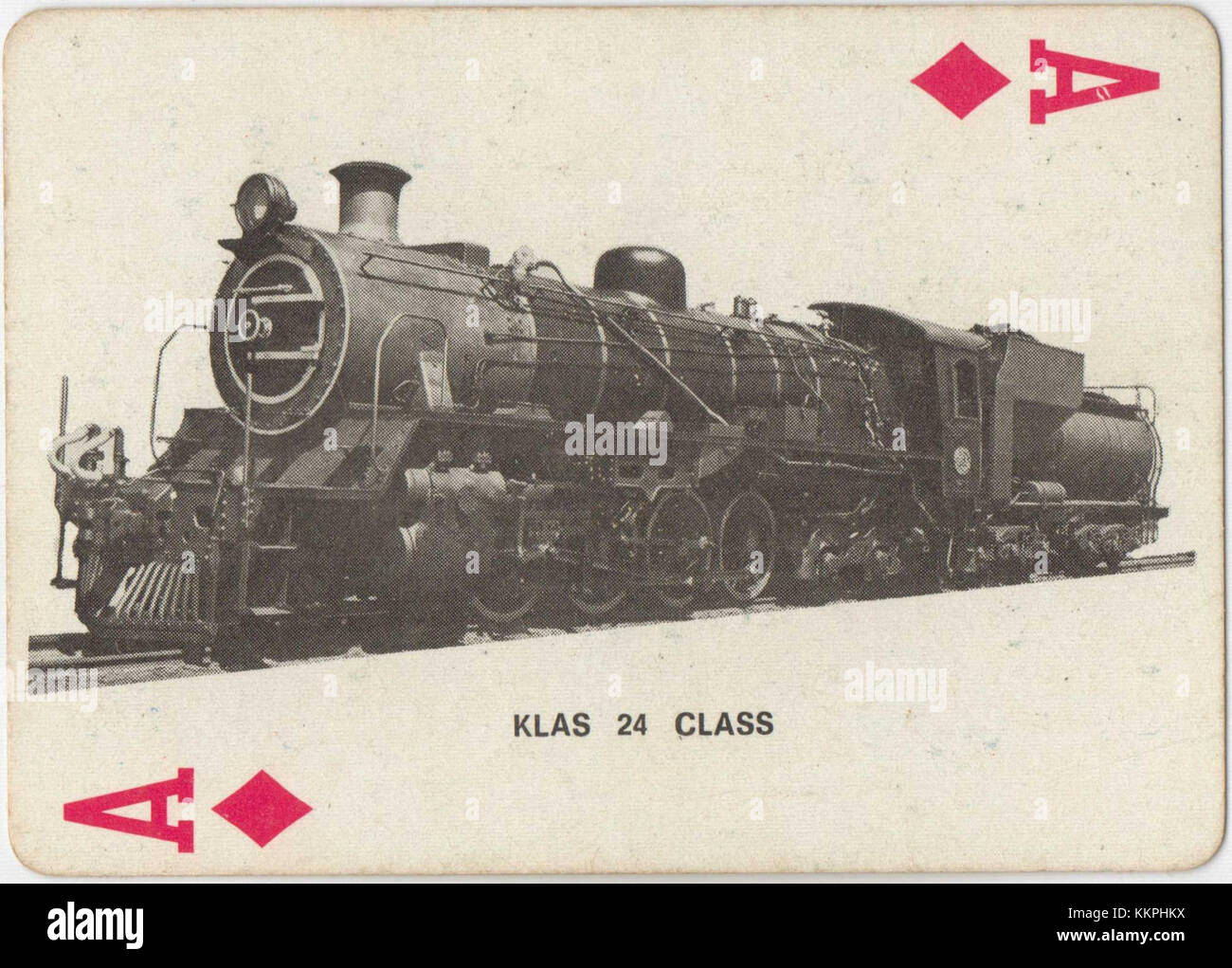 Un jeu de cartes à jouer avec une image de la locomotive de classe 24, un train à vapeur, classé selon sa configuration de roues 2-8-4 Banque D'Images