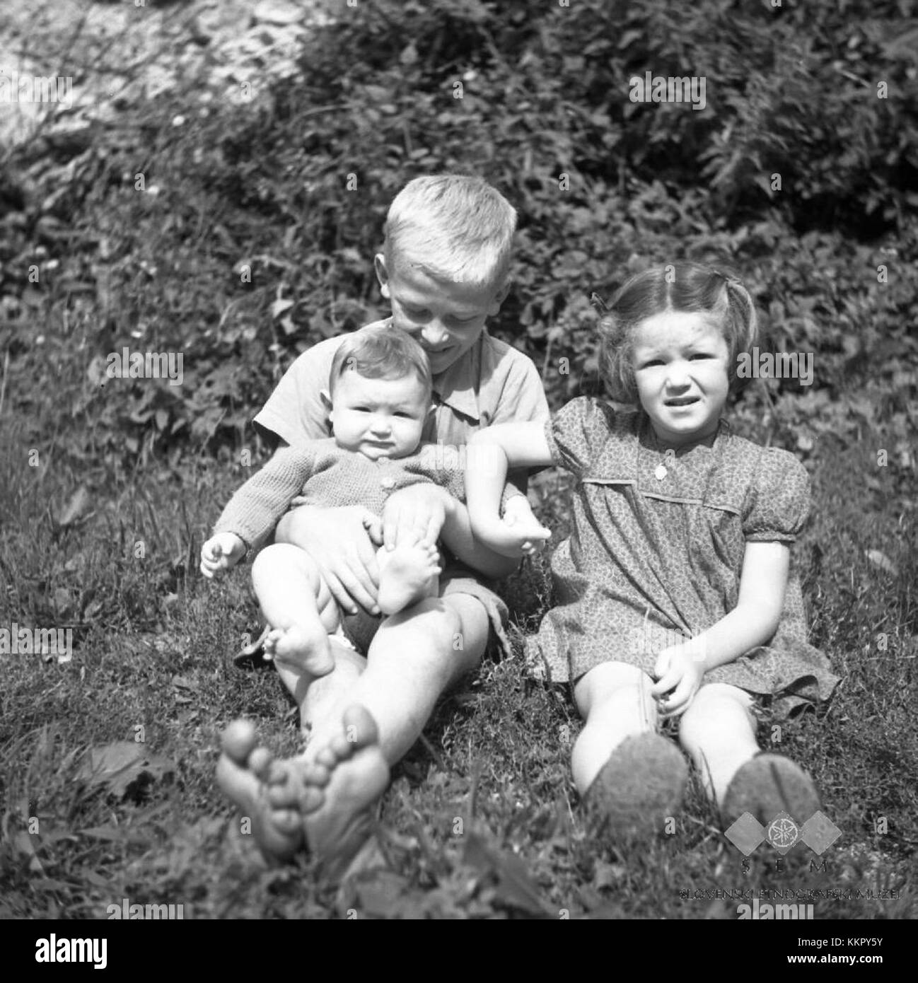 Une photo des enfants de Prezelj Franca à Ravne en 1954, capturant leur vie durant cette période en Slovénie. L'image met en valeur le mode de vie et l'environnement de l'époque, mettant en évidence les conditions d'après-guerre et la vie quotidienne dans la région. Banque D'Images