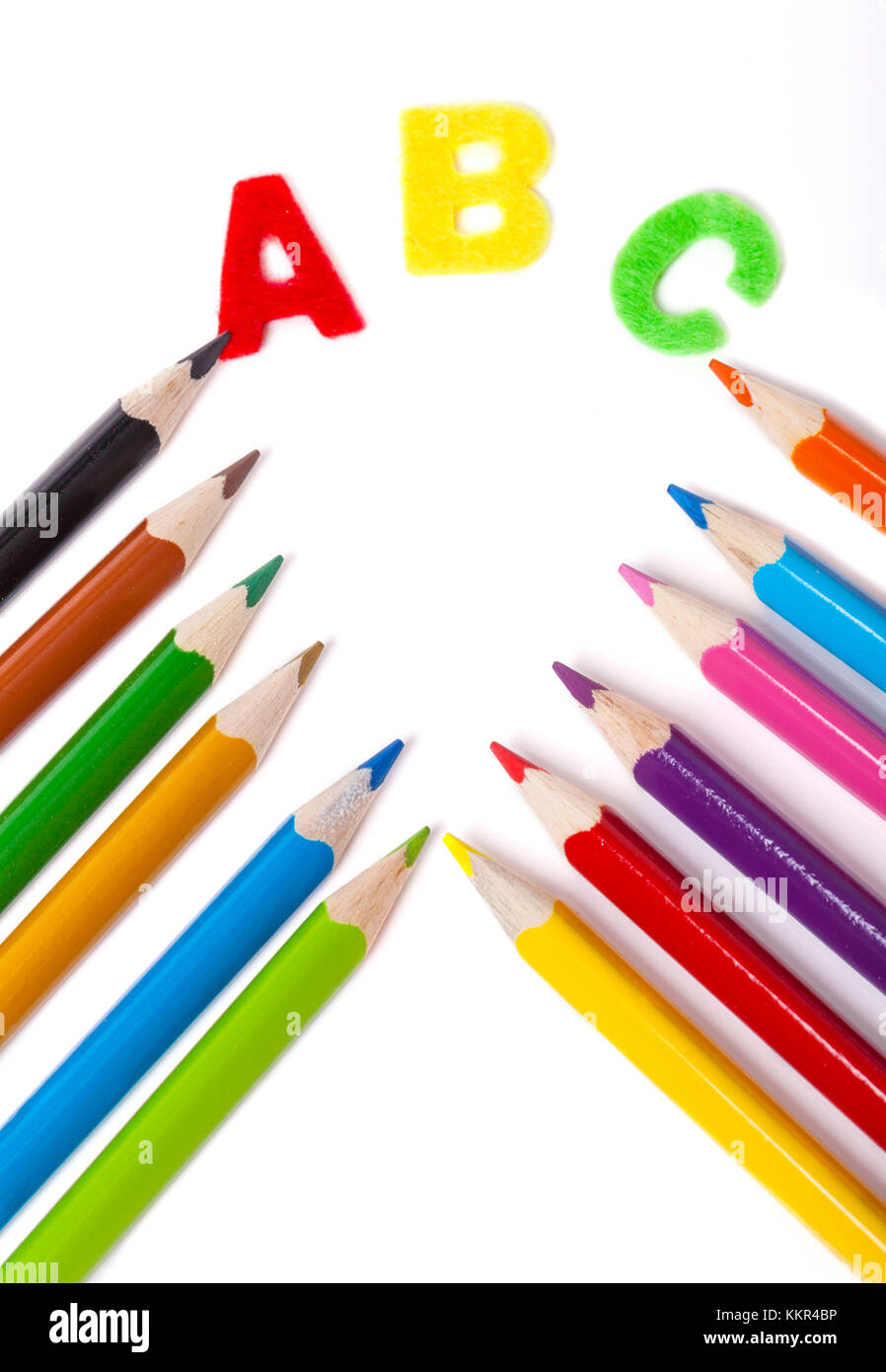 Abc, crayons de couleur, de l'école cone Banque D'Images