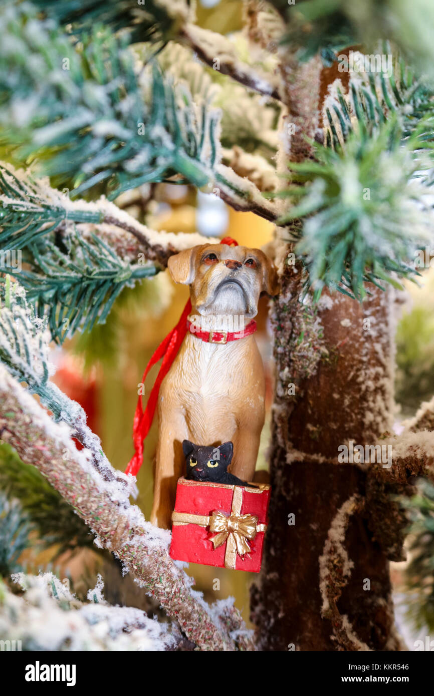 Chien avec un chat dans un cadeau noël ornement sur un arbre rustique floqué Banque D'Images
