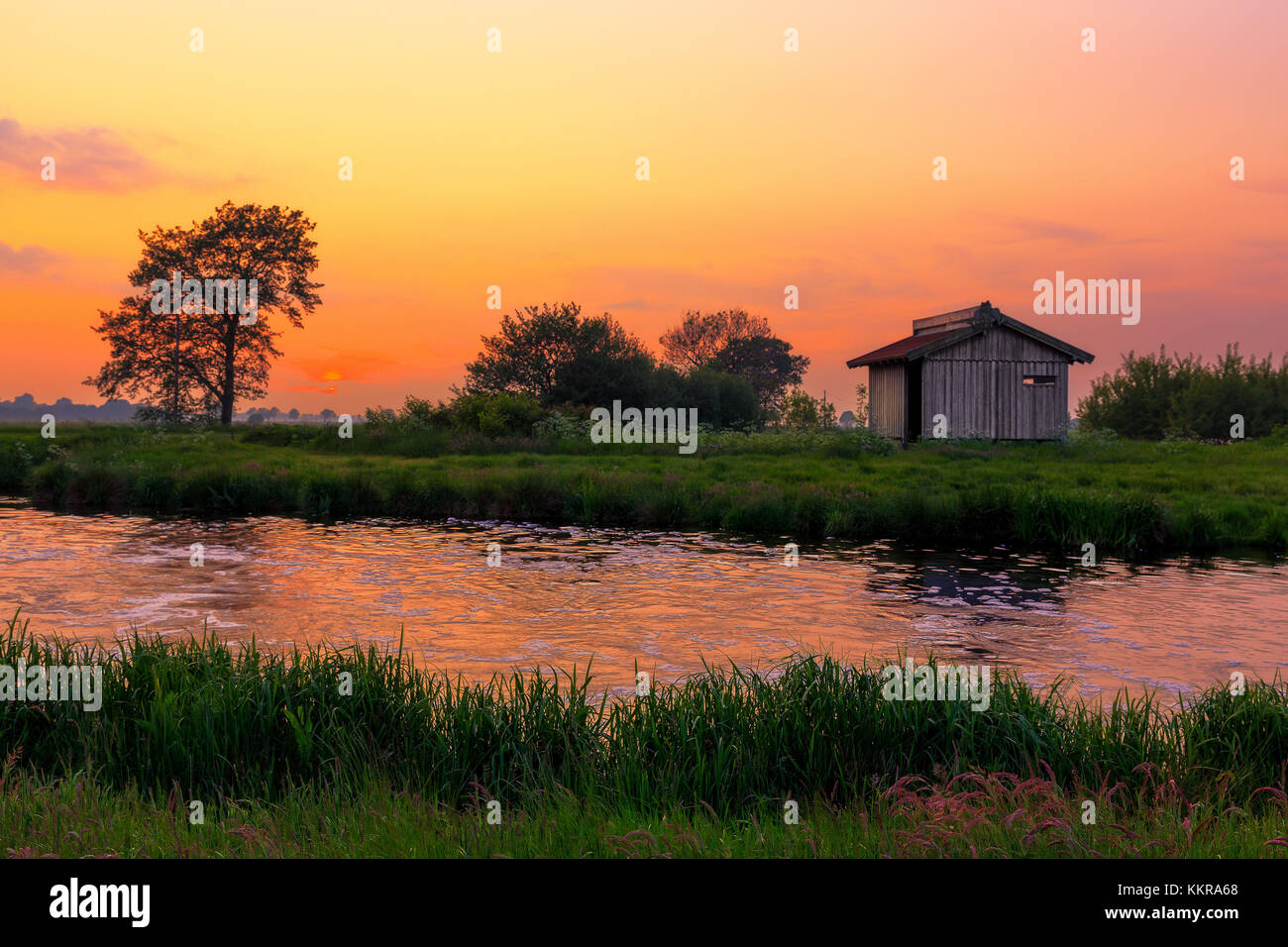 Coucher de soleil sur une prairie près de l'weener Banque D'Images