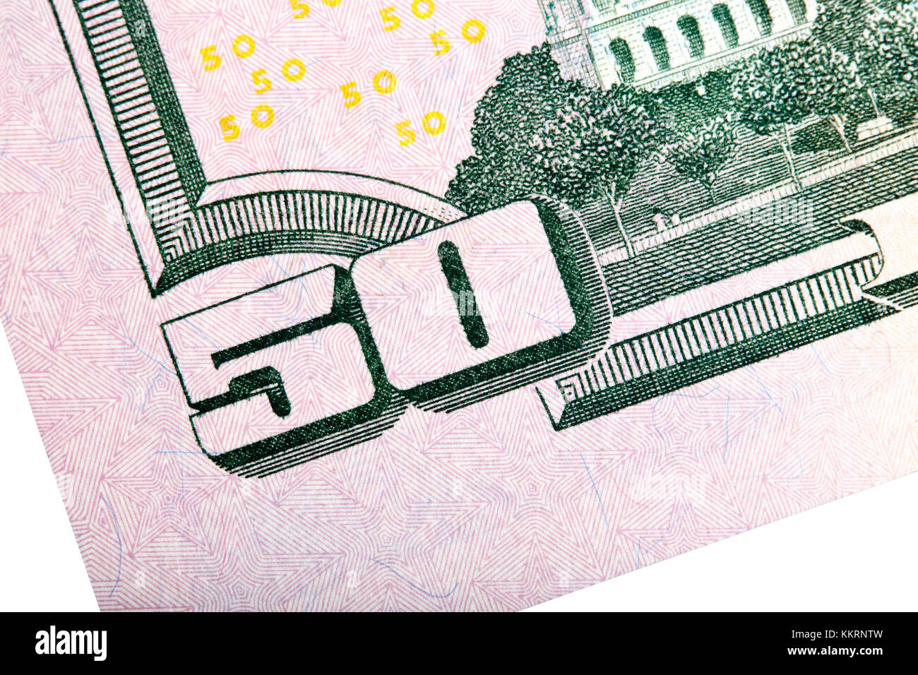 Un plan macro avec cinquante U.S. dollar bill isolé sur blanc. Banque D'Images