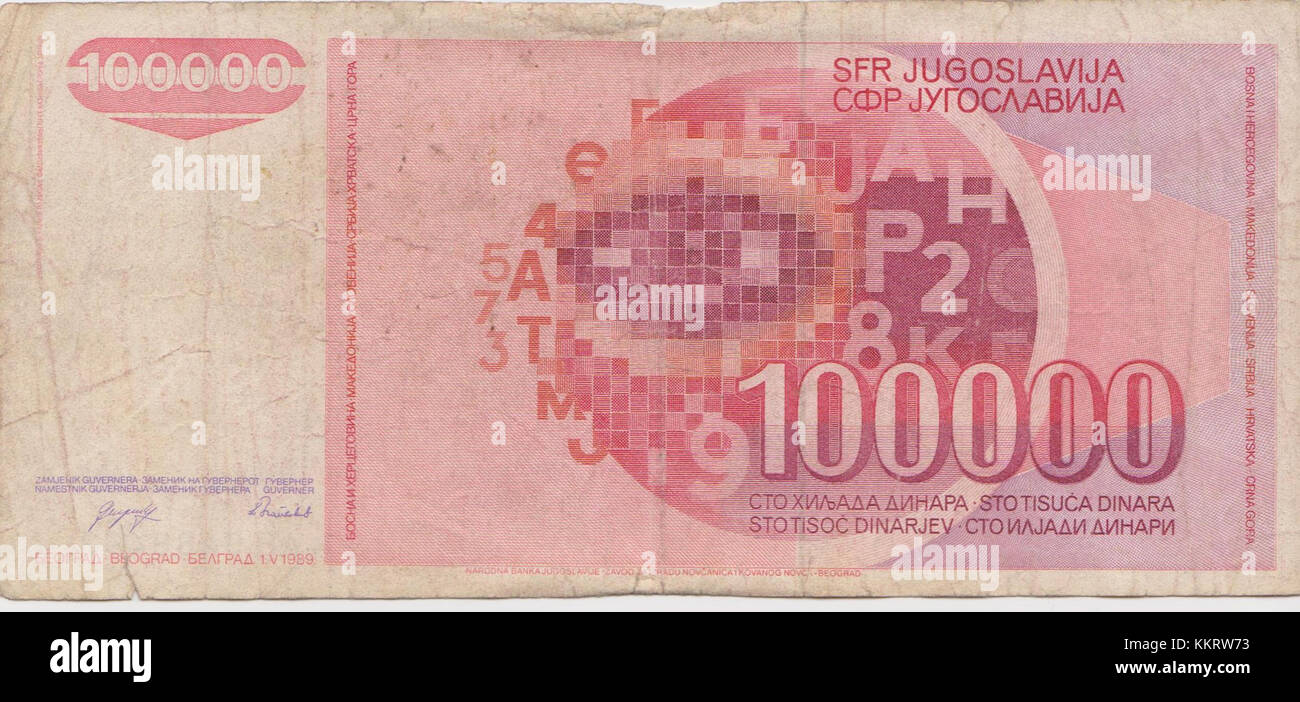 Le billet de 100 000 dinars en provenance de Yougoslavie, émis en 1989, était l'une des plus hautes dénominations du pays avant sa dissolution, avec des personnages historiques et des monuments importants. Banque D'Images