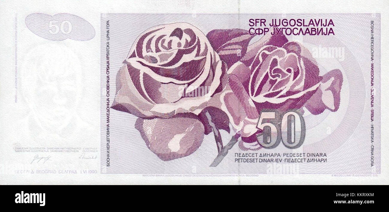 Ce billet de 50 dinara, daté du 1er juin 1990, est une pièce de monnaie de l'ex-Yougoslavie. Il offre un aperçu historique du paysage économique de la région à la fin du XXe siècle. Banque D'Images