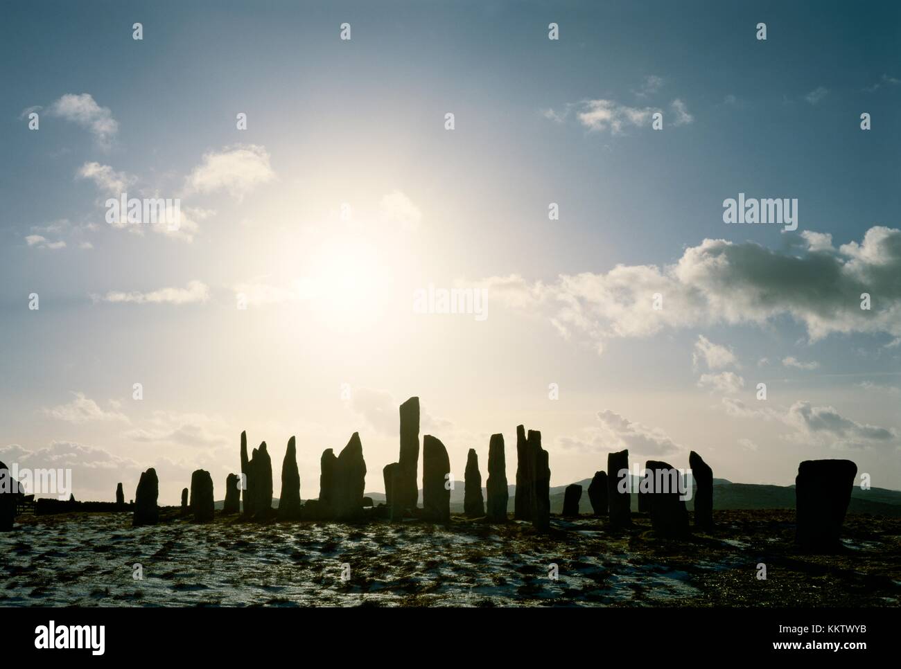 Le cercle de pierre préhistorique Callanish est de plus de 5000 ans. Hébrides écossaises de l'île Lewis. Coucher du soleil d'hiver Banque D'Images