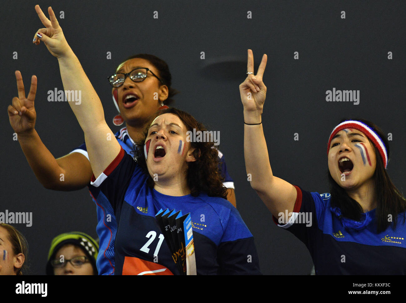 Trèves, Allemagne. 2 décembre 2017. Fans de France lors du match des championnats du monde de handball féminin entre la France et la Slovénie à l'Arena Trèves à Trèves, Allemagne, le 2 décembre 2017. Crédit : Harald Tittel/dpa/Alamy Live News Banque D'Images