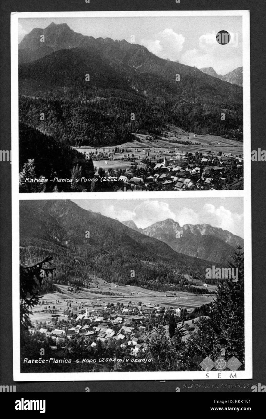 Cette carte postale de Planica capture le magnifique paysage alpin du célèbre domaine de saut à ski de Slovénie. Planica est connue pour ses événements de vol de ski de classe mondiale et sa culture des sports d'hiver. Banque D'Images