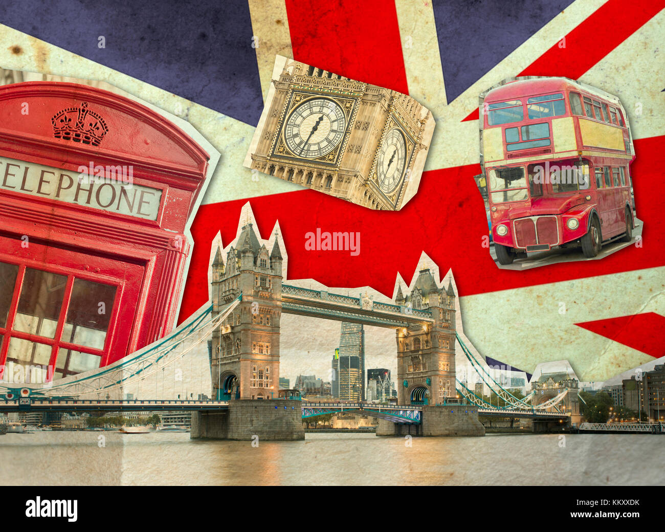 Collage de Big Ben, London Bus, Tower Bridge et le Palais de Westminster le drapeau Anglais